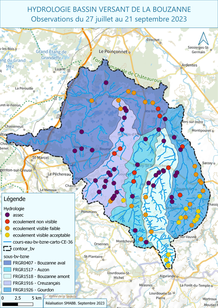 Figure 1- Carte des observations d'écoulements sur le bassin versant de la Bouzanne entre le 27 juillet et le 21 septembre 2023